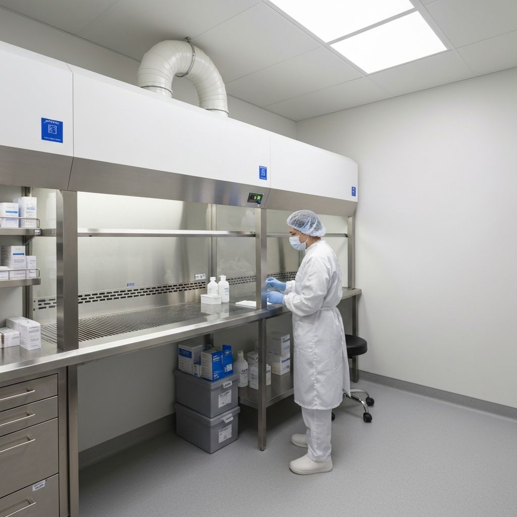 Velaris RX Pharmacy sterile compounding clean room with laminar flow hood and pharmacist in full gowning